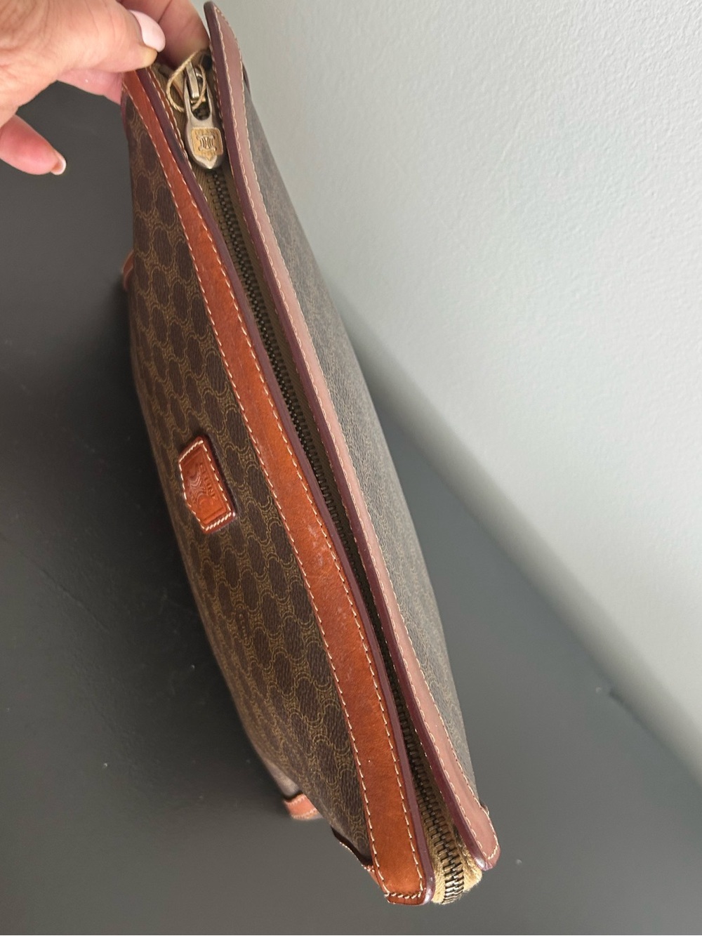 Celine Macadam Monogram Brown Canvas Leather Zip Clutch Pouch Vintage - Picture 10 of 15